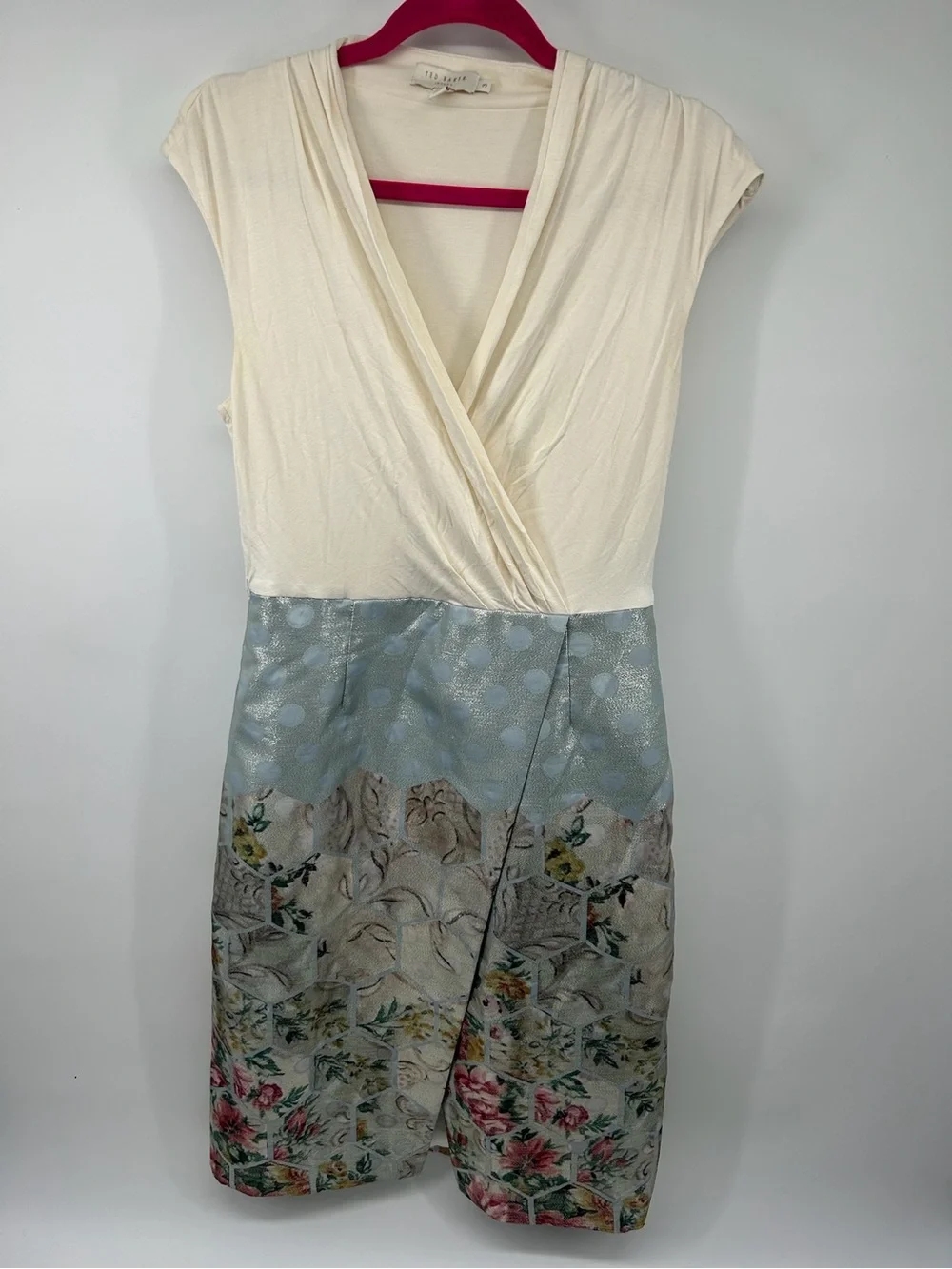 Ted Baker Cream and Light Blue Floral Wrap Midi Dress